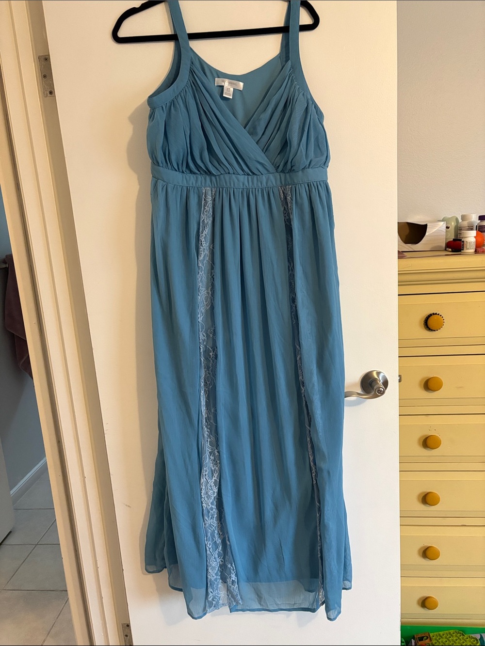 Motherhood maternity medium blue baby shower boy dress elegant
